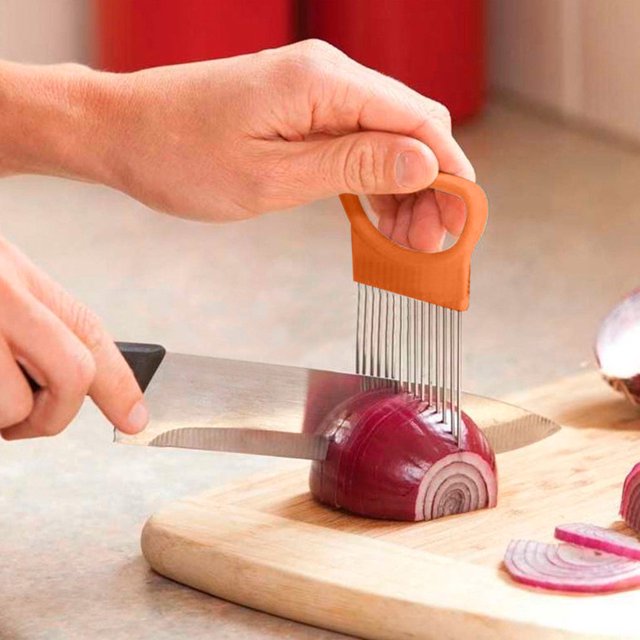 PVCS Tomato Onion Vegetables Slicer Holder Cutter Safe Fork Stainless Steel Useful Kitchen Tools (Orange)