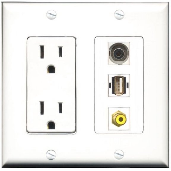 RiteAV - 15 Amp Power Outlet 1 Port RCA Yellow 1 Port USB A-A 1 Port 3.5mm Decorative Wall Plate