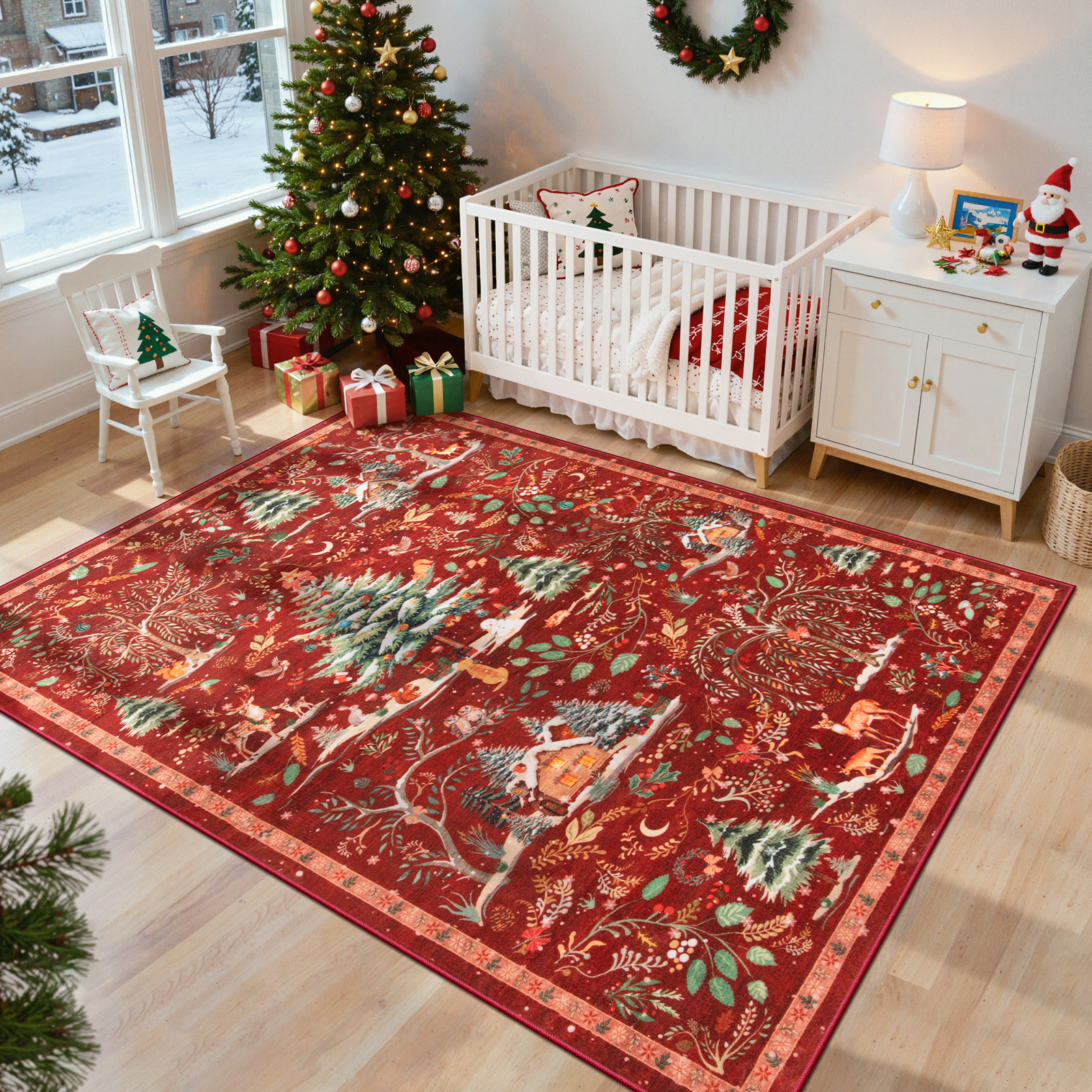 Wonnitar Christmas 8x10 Area Rug, Washable Soft Large Rug for Living Room, Non Slip Low Pile Bedroom Rug Xmas Tree Indoor Floor Carpet for Dining Room Winter Holiday Decor, Red