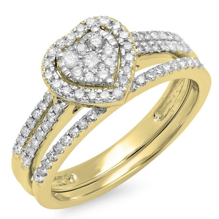 Dazzlingrock Collection 0.50 Carat (ctw) 10K Round Cut Diamond Ladies Split Shank Heart Shaped Bridal Engagement Ring With Matching Band Set 1/2 CT, Yellow Gold, Size 8.5