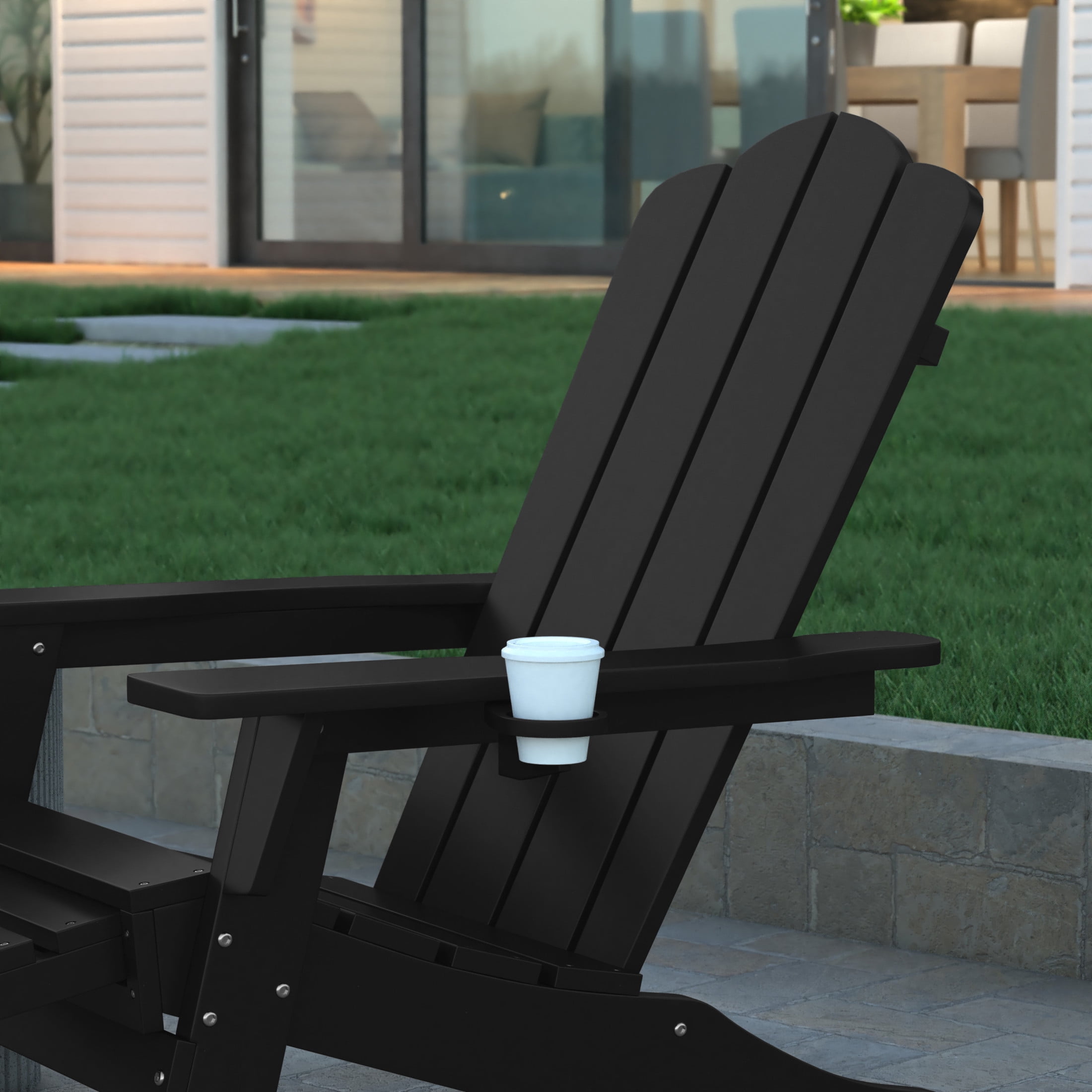 Emma + Oliver Adirondack Chair with Cup Holder and Pull Out Ottoman, All-Weather HDPE Indoor/Outdoor Lounge Chair in Black