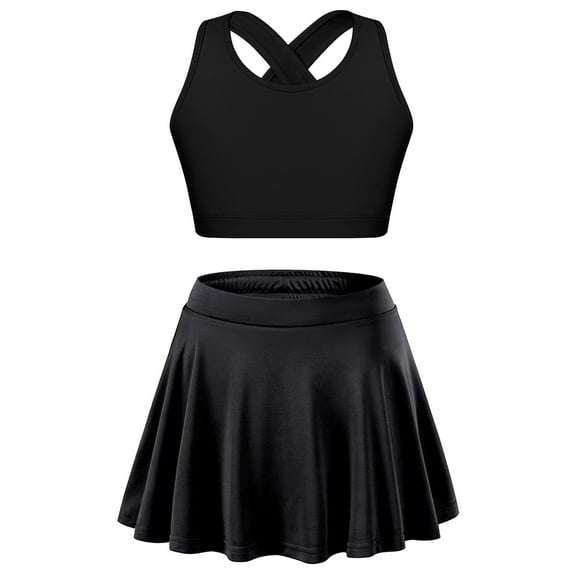Moggemol Kids Girls 2PCS Sport Active Outfit Sleevelss Crop Top with Pleated Skort Skirt Set Tennis Black 4