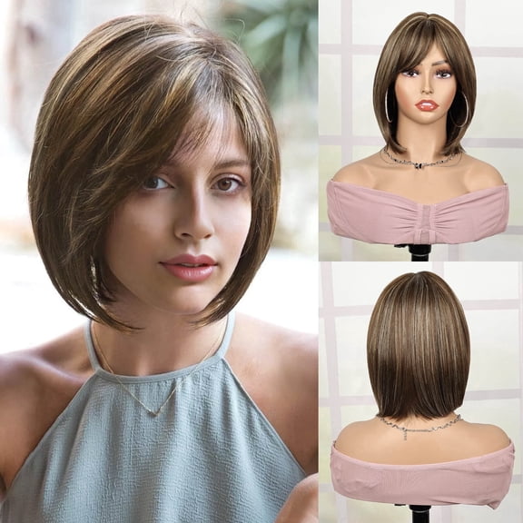 Phocas 10-Inch Glueless Short Bob Wig with Bangs for Women - Synthetic Natural Brown Mixed Highlight Blonde Everyday Wear Wig
