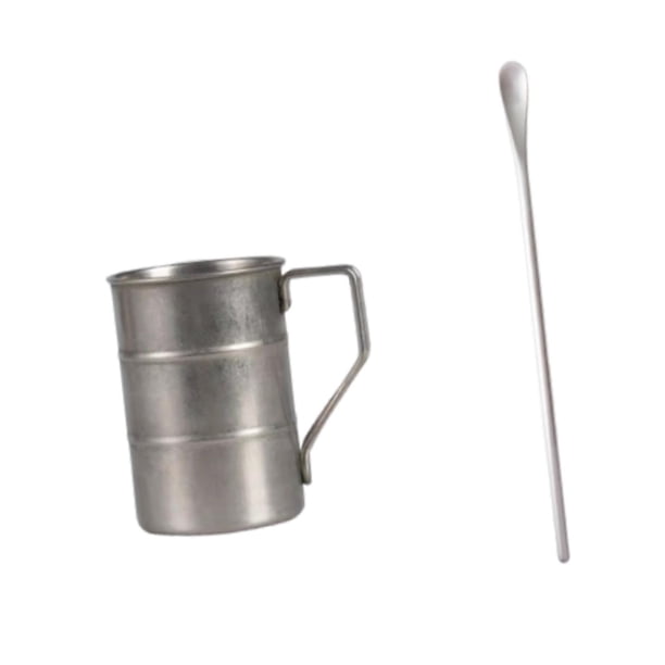 Taza de camping de acero inoxidable ligera y práctica, ideal para café o leche. gris y cuchara