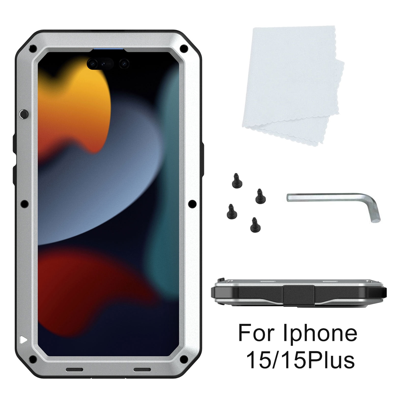 For IPhone 15 Metal Case, [Built-in Camera Kickstand & Glass Screen Protector] Heavy Duty Protective Rugged Full Body Military Grade Shockproof Aluminum Magnetic Cover For IPhone 15 (Silver - View #9