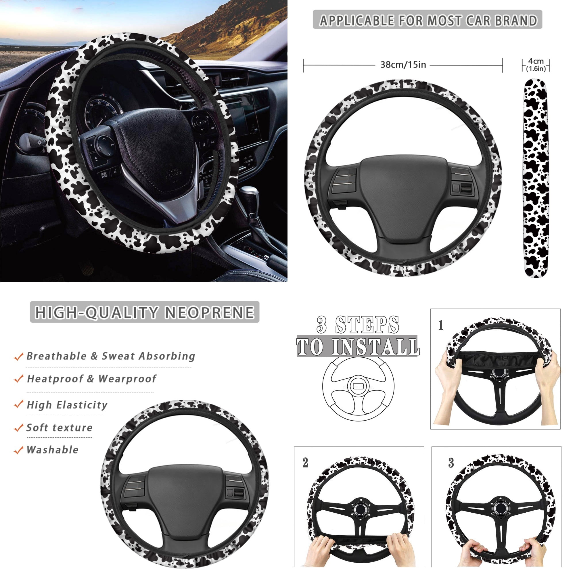 Yuyamidu Red Aztec Car Seat Covers Full Set with Steering Wheel Cover Safe Belt Pads Handbrake Cover Cup Mat Garbage Bin Rearview Mirror Cover Center Console Cover 14 PCS Cow Print Auto Accessories