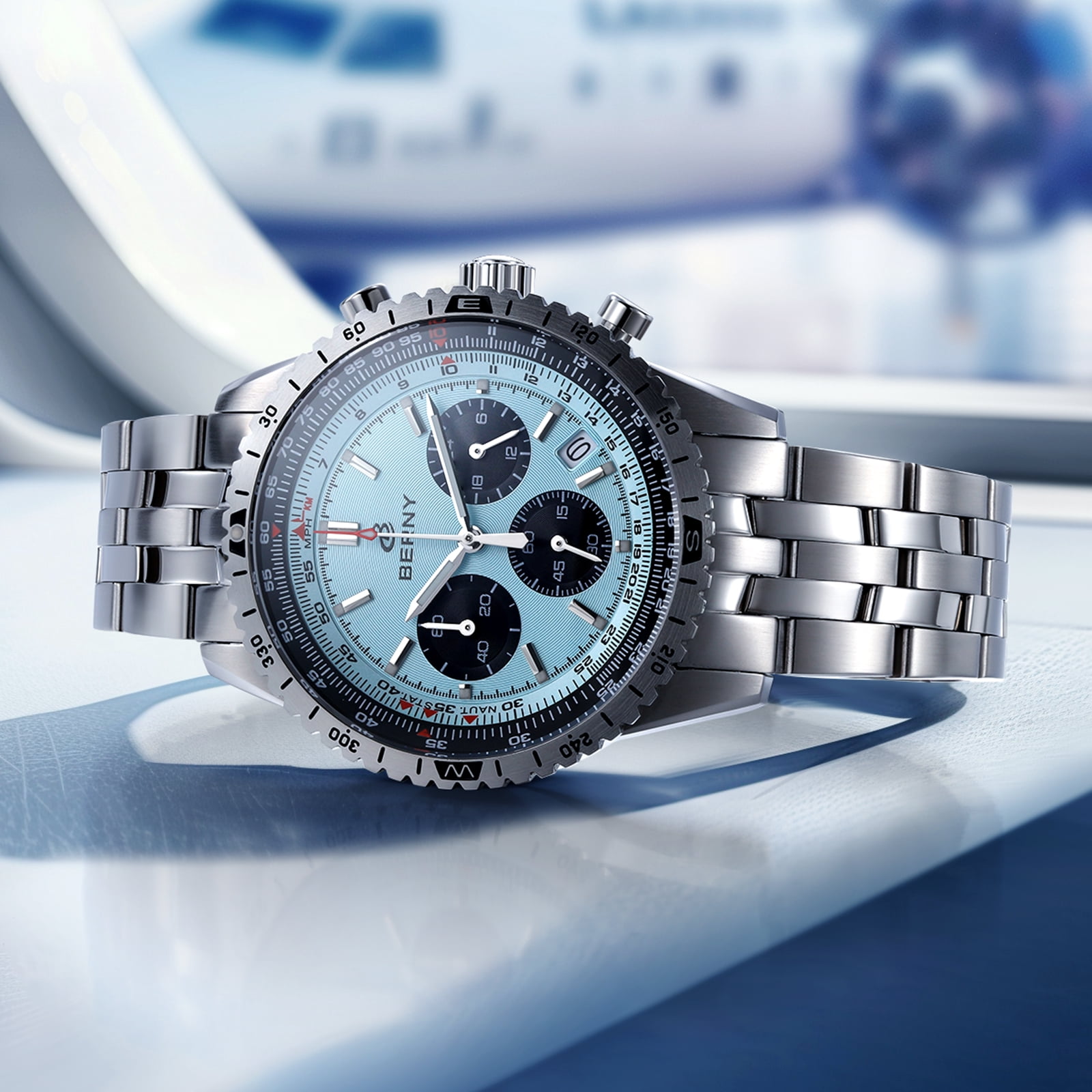 BERNY Silver Chronograph Watches for Men, Sport Luxury Analog Quartz Watch with Tachymeter, Stainless Steel, Waterproof, Luminous, Sapphire Crystal, Date Calender, Men's Wristwatch (Light Blue)
