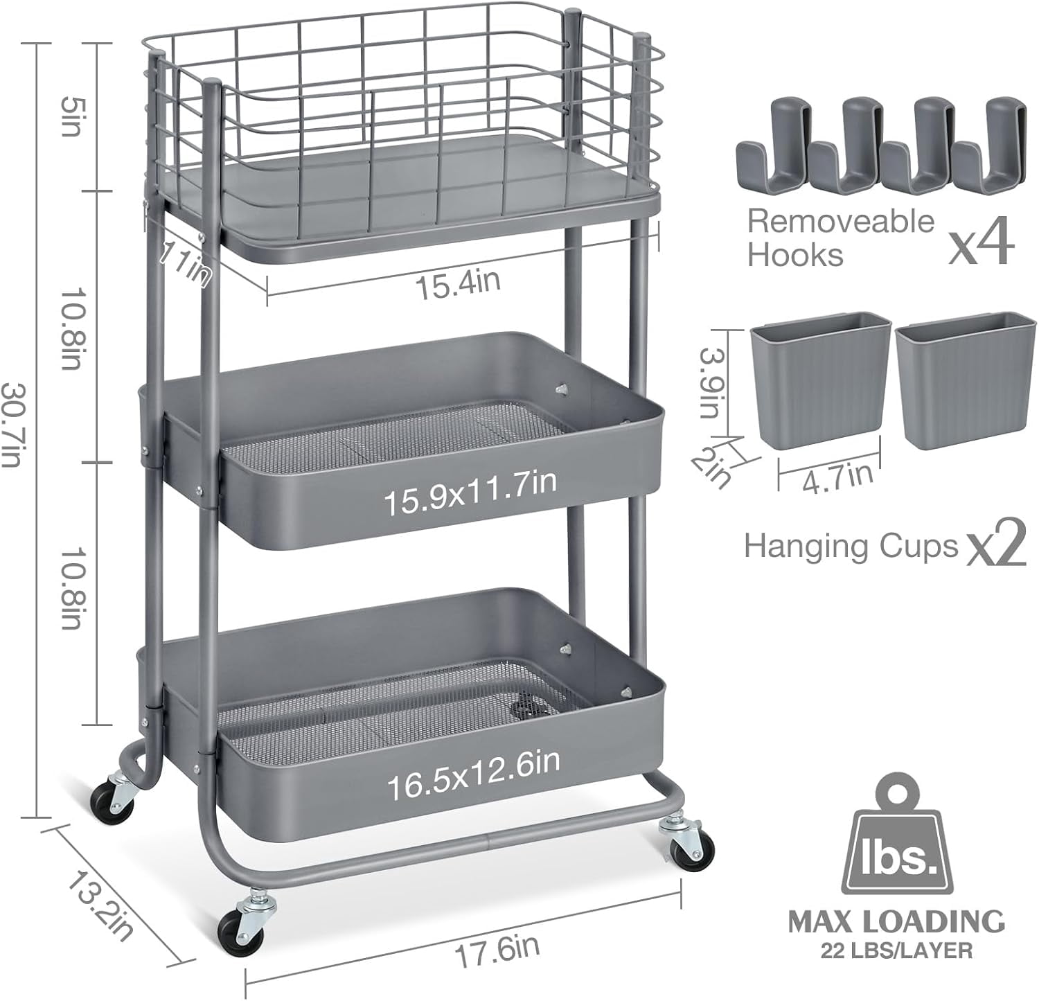 3 Tier Utility Cart, Metal Rolling Cart Organizer, Storage Cart on Wheels, Book Cart, Diaper Cart for Bathroom, Kitchen, Office, Bedroom, Gray