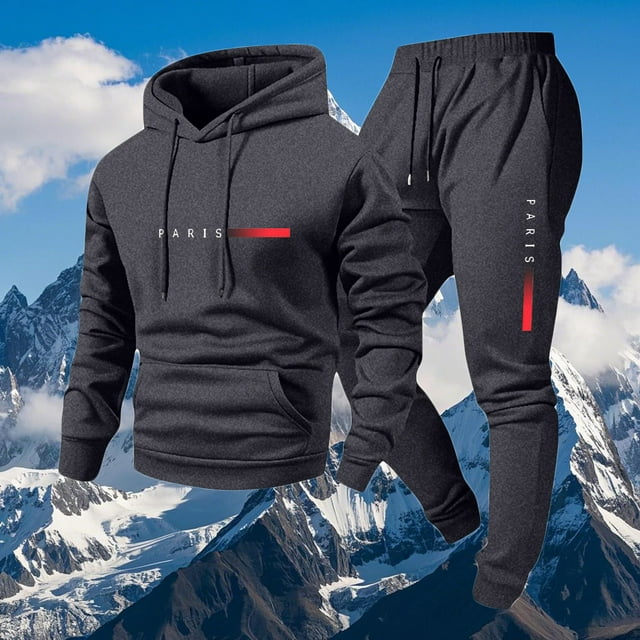 Ceisia Men's PARIS Print Hooded Tracksuit Set with Kangaroo Pocket for Casual & Sports Wear Dark Gray XL Gifts