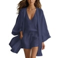 thumbnail image 2 of Ailaofu Women's Three Piece Solid Color Suit, Loose Cardigan V Neck Sleeveless Vest Drawstring Shorts Casual Set, Fashion Beach Suit, 2 of 8