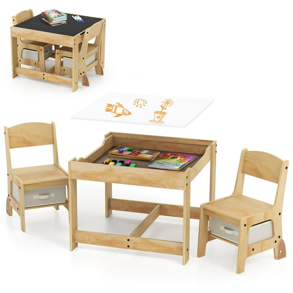 Topbuy 3-In-1 Kids Table & Chairs Set Toddler Activity Table Set with Reversible Whiteboard/Chalkboard Top Beige