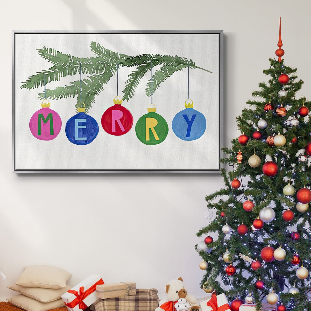 Colorful Christmas Collection A - Framed Gallery Wrapped Holiday Canvas - 27 x 41 - Silver Frame