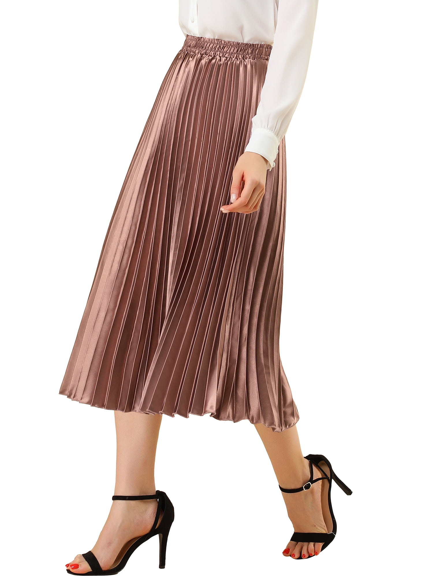 DARING DIVA Women's A-line High Waist Pleated Midi Skirt L Copper