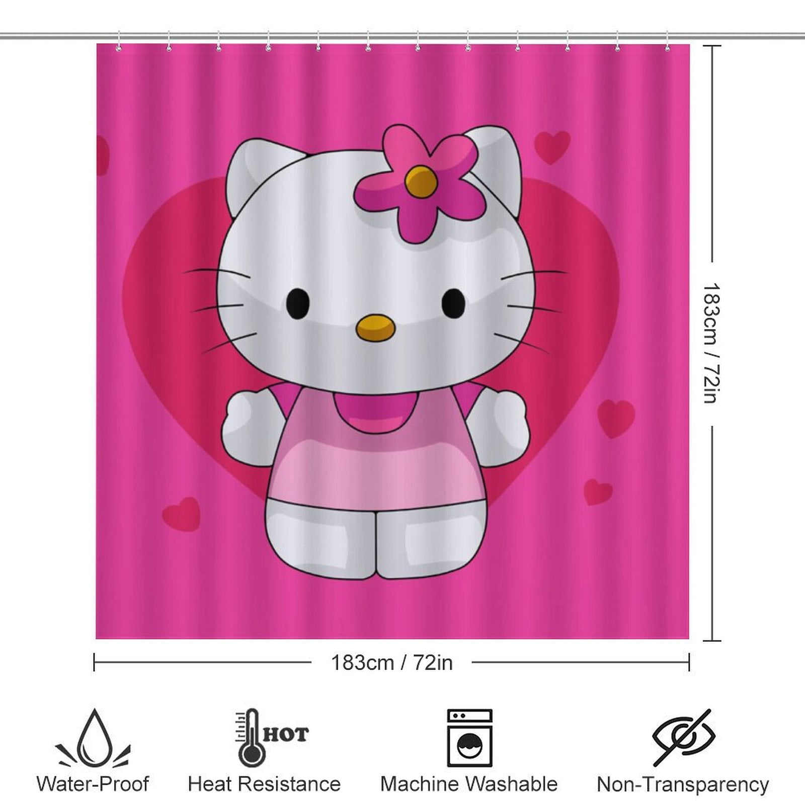 4PCS Hello Kitty Cat Cute Shower Curtain Sets Bathroom Set with Floor Mat, U-Shaped Mat, Toilet Lid Cover Mat And Shower Curtain for Bathroom Decor