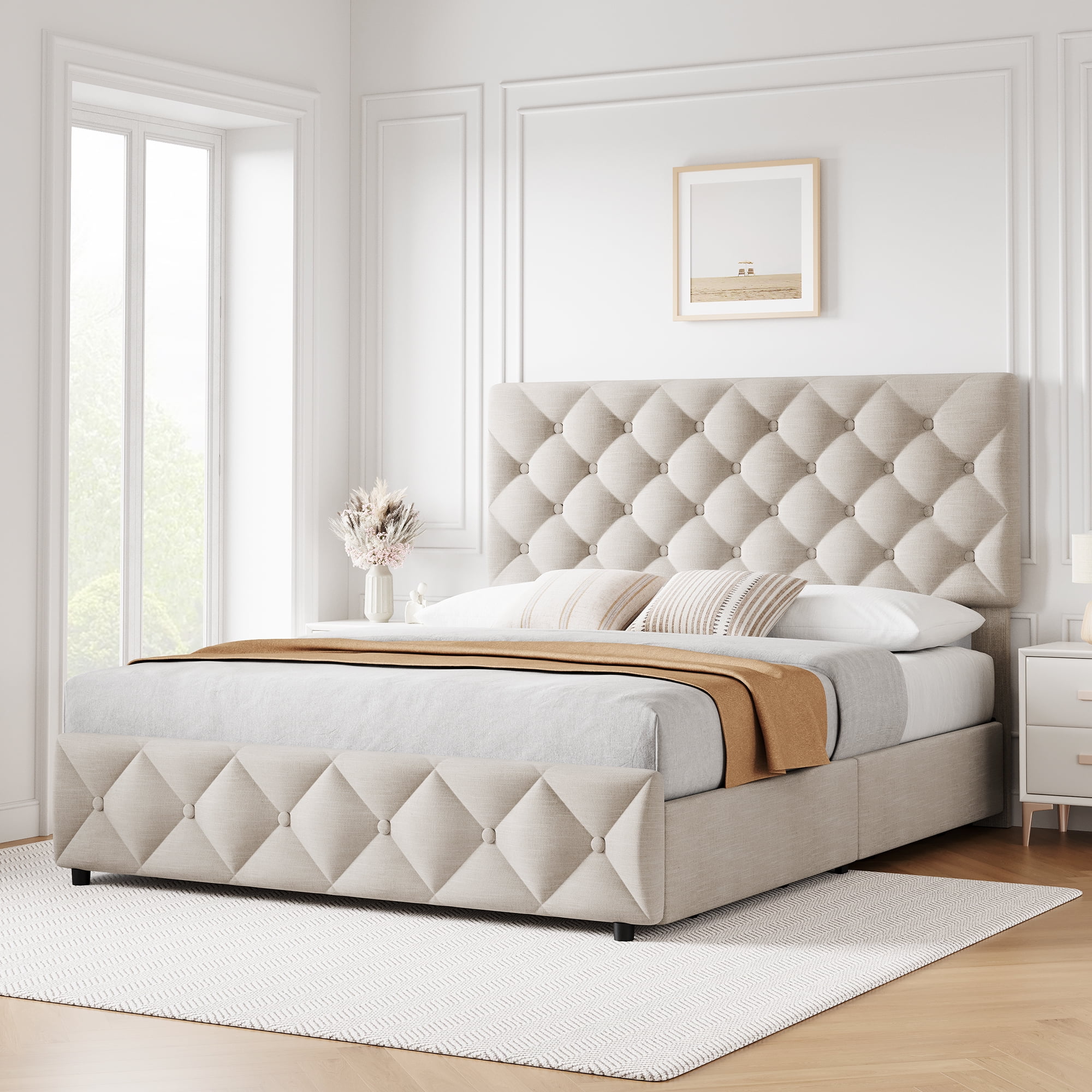 Queen Bed Frame with Headboard Adjustable, Linen Upholstered Size Platform Bed Frame with 4 Drawers, Modern Queen Bedframe, Wooden Slats Supports, No Box Spring Needed, Diamond Stitched Button, Beige