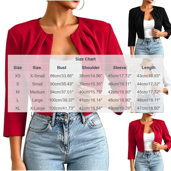 Scyoekwg Women 3/4 Sleeve Pleated Collarless Cropped Jacket Open Front Short Dressy Shrug Coat Casual Layering Jacket for Wedding Party Daily (Red,XS)