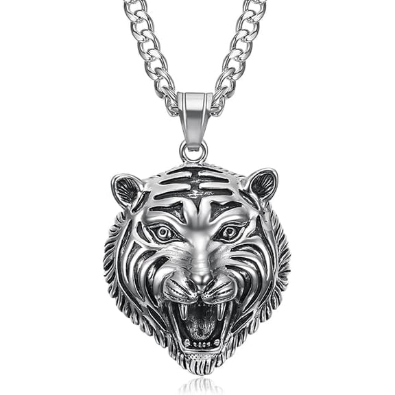 Roaring Tiger Head Pendant Punk Rock Stainless Steel Necklace, 24 Inch 7mm Chain for Men Women Hip Hop Jewelry