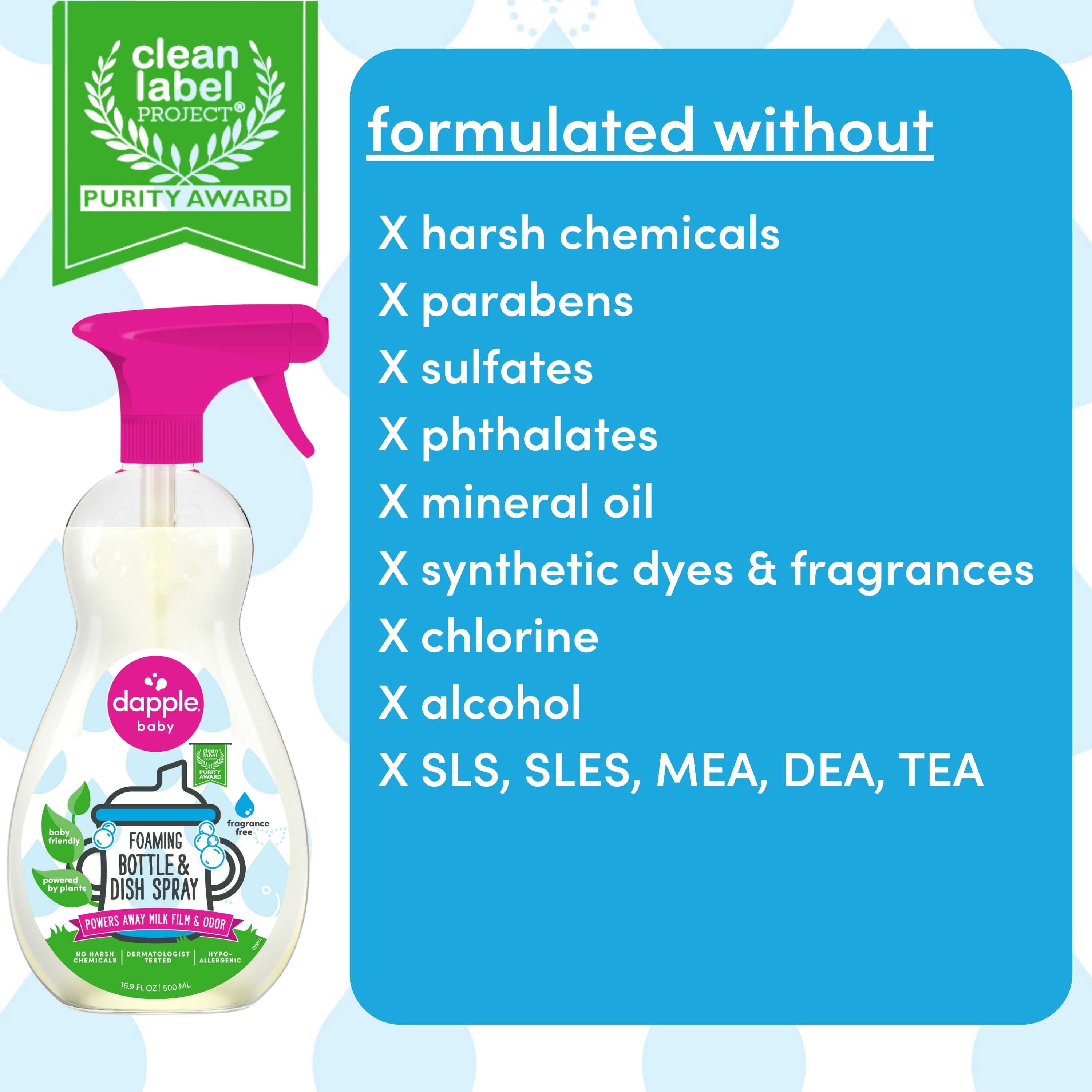 Dapple Baby Foaming Bottle and Dish Spray, Fragrance-Free, 16.9 fl oz