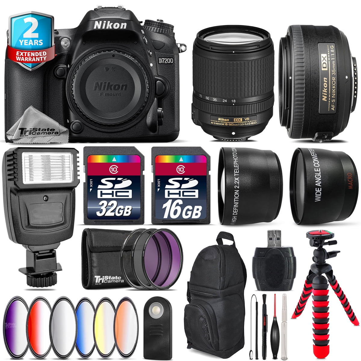 Nikon D7200 DSLR Camera + AFS 18-140mm VR + f/1.8 + Slave - 48GB Kit - Walmart.com