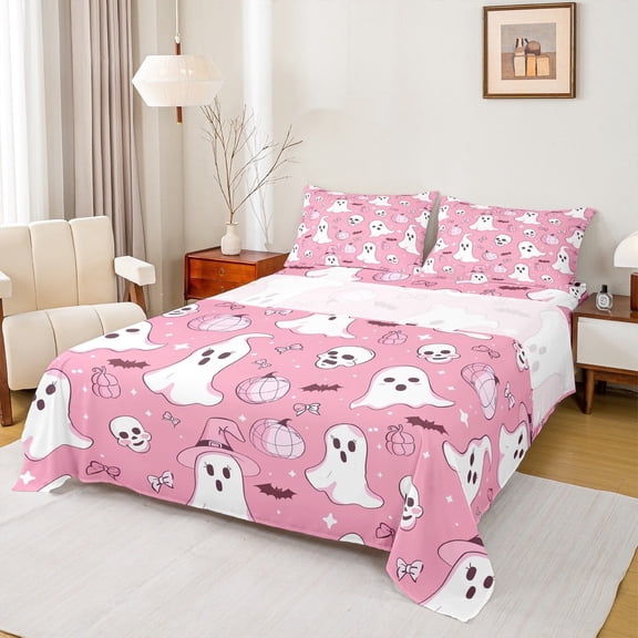 Manfei Spooky Ghost Bed Sheets Set Full Size, Halloween Pumpkin Bedding Full Size, Horror Skull Full Sheet Sets, Breathable Room Decoration, 4-Piece
