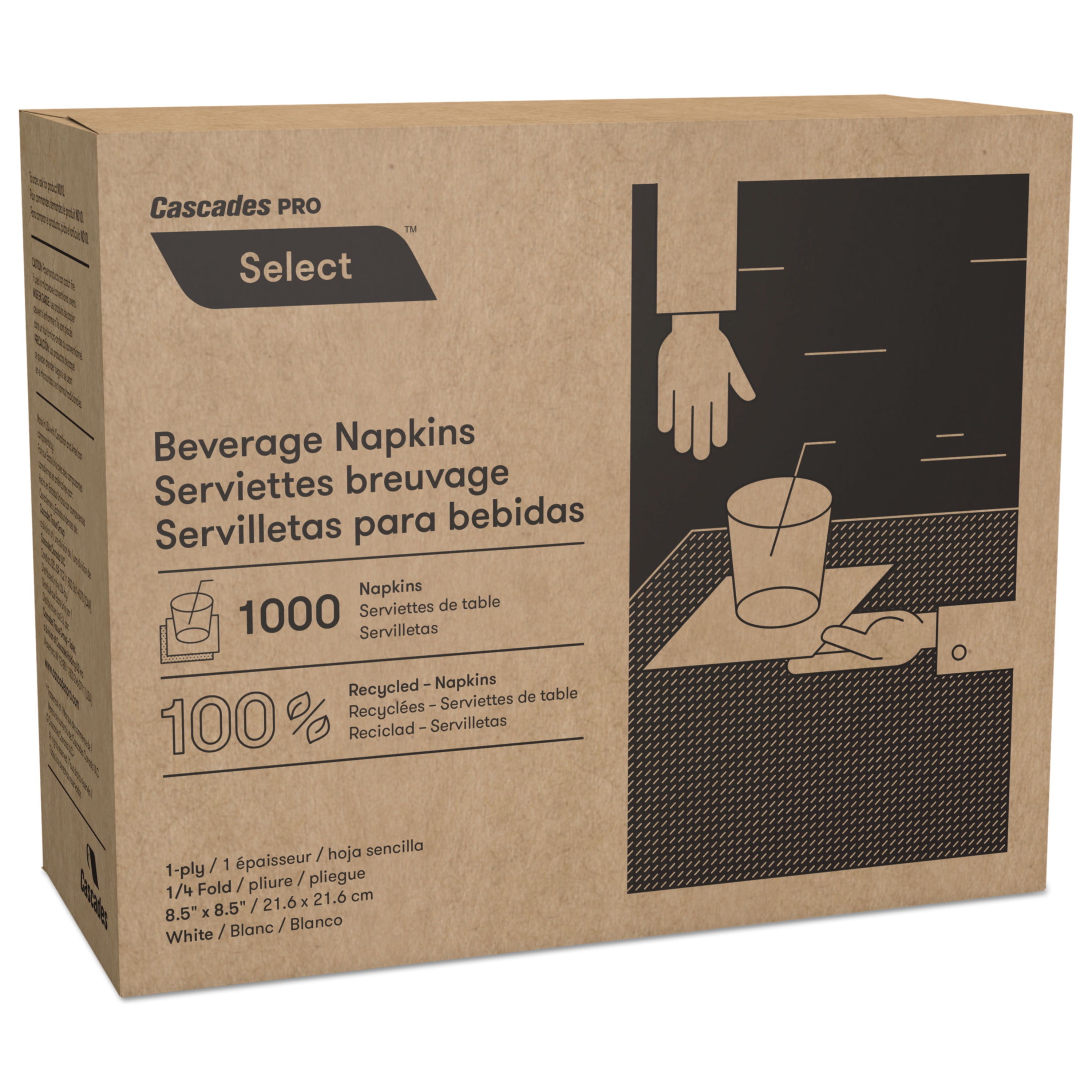 Cascades North River Beverage Napkins, 1 Ply, 8 1/2 x 8 1/2, White, 1000/Pk, 4000/Crtn