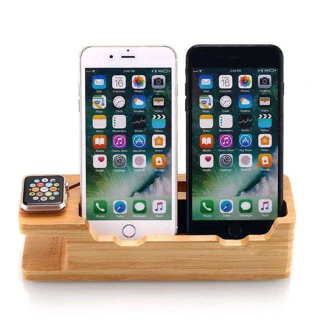 Base de carga para iPhone y Apple Watch, soporte de base de carga de madera de bambú Soporte de montaje de base para Apple Watch (38 y 42 mm) Iphone Smart