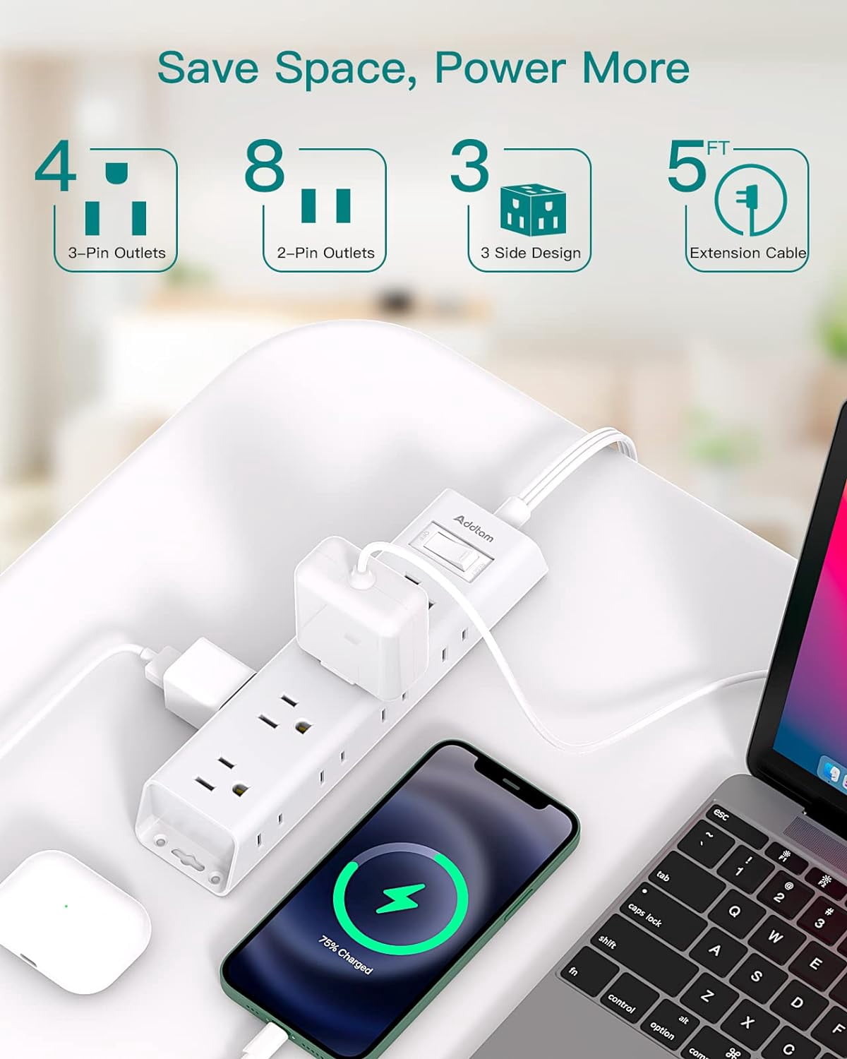 Flat Plug Power Strip, Ultra Thin Flat Extension Cord - 12 Outlet 3 Sides Multiple Outlets, 5Ft, 1050J Surge Protector, Wall Mount, Desk Charging Station for Home Office Dorm Room Essentials