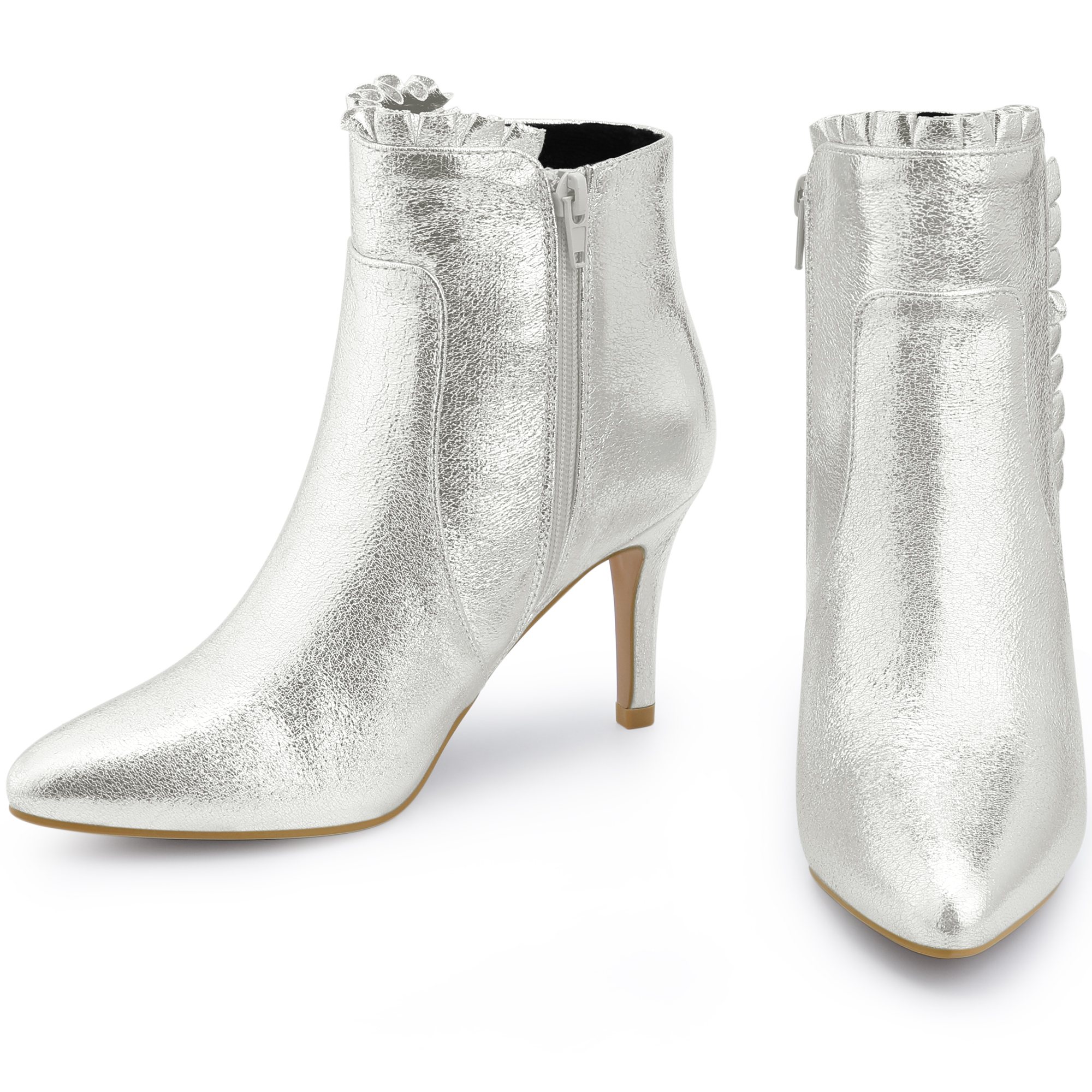 DARING DIVA Women's Ruffled Ankle Boot Stiletto Heel Shiny Booties Silver US 7
