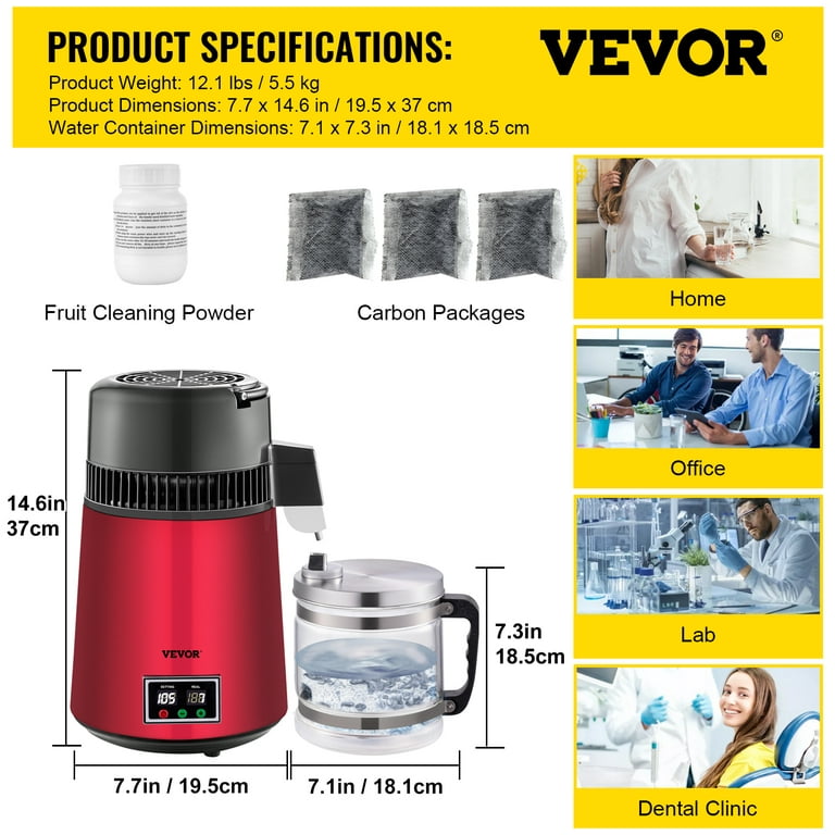 VEVORbrand 4L Water Distiller Pure Water Distiller with Dual Temperature  Displays, 750W Distilled Water Machine, Water Distillers for Home  Countertop with Glass Container, Red 