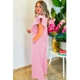 thumbnail image 5 of Women's Pink Textured Ruffled Sleeve Zipped Top and Wide Leg Pants Set | [ZhiHiMeRi] | (US 12-14)L, 5 of 6