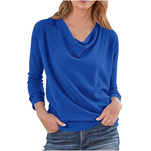 YUGYXL Women's Cowl Neck Ruched Tops Spring Fall Plus Size Long Sleeve Solid T Shirts Casual Shoulder Loose Blouses Blue M