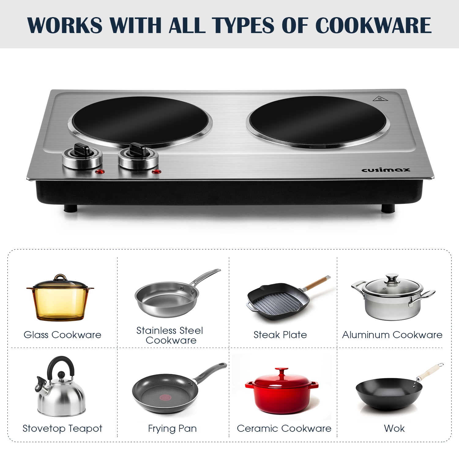 Double Hot Plate, CUSIMAX 1800W Portable Ceramic – Dual Infrared Cooktop with Independent Controls, Stainless Steel & Glass Electric Burner for Countertop Cooking, Upgraded Silver Design