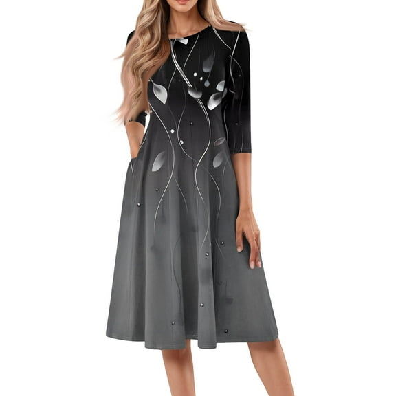 WTOBBY Women's Fashion Round Neck Floral Print 3/4 Sleeve Midi Dress, Stylish Digital Design Sundress with Flowy Silhouette for Summer,Black L