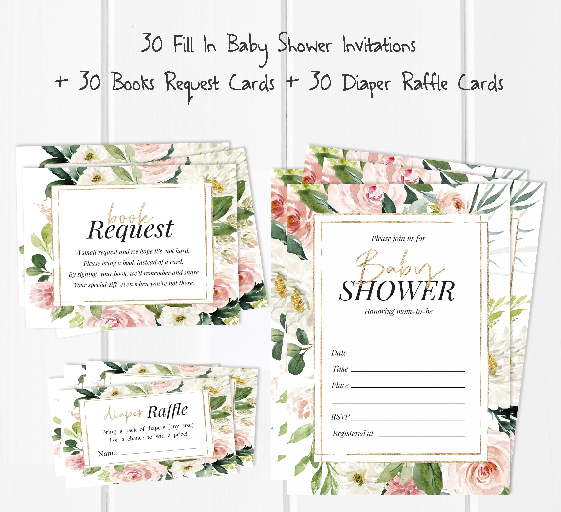 Inkdotpot Set Of 30Floral Baby Shower Invitations-Diaper Raffle Tickets And Baby Shower Book Request Cards Gender Neutral Invites Its A Boy Its A Girl