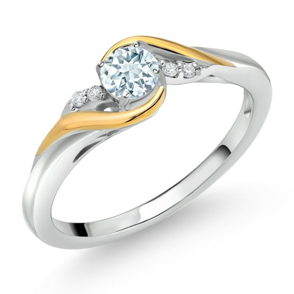 Gem Stone King 925 Sterling Silver and 10K Yellow Gold Round Sky Blue Aquamarine and White Lab Grown Diamond Engagement Ring for Women (0.28 Cttw, Gemstone Birthstone, Size 7)