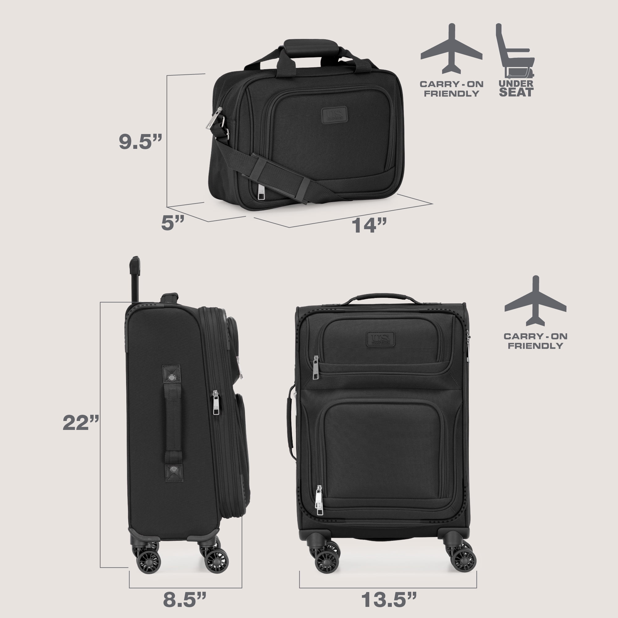 U.S. Traveler Rio Expandable Softside Carry-on - Spinner Wheels, TSA-Approved, 22-Inch Lightweight Travel Suitcase, Black