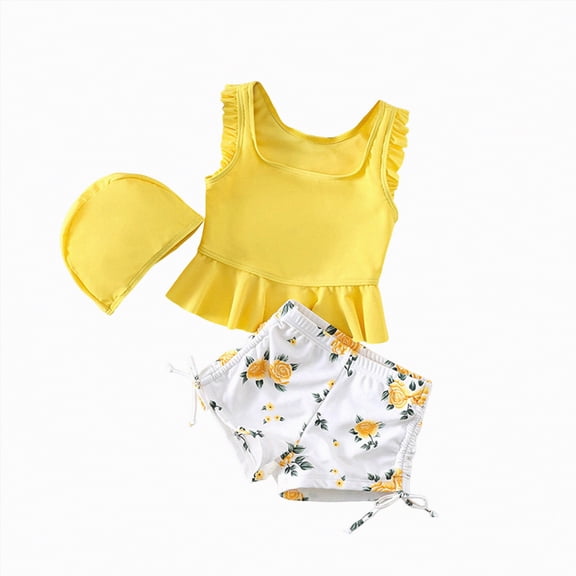 CAUYDY Baby Girl Swimsuit Toddler 2 Piece Bathing Suit Kid Girls Beach Bikini with Hat Tankini Beachwear 6-24 Months 1t-7t Girls Summer Swimwear(D01-Yellow,1-2 Years)