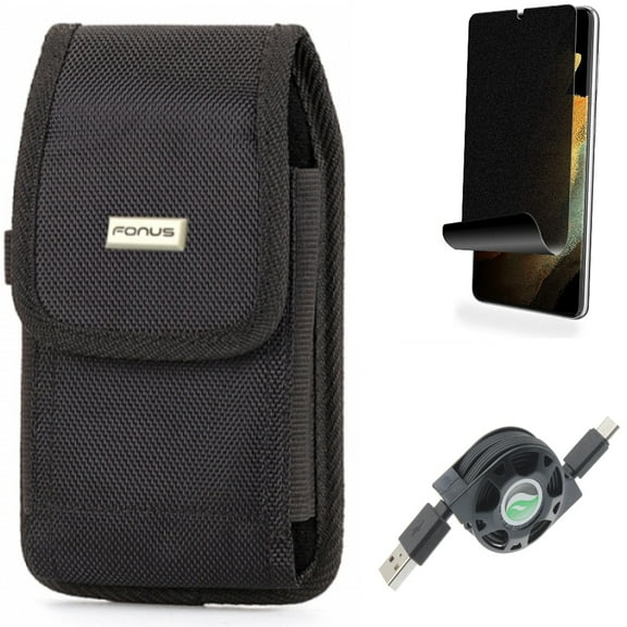 Case Belt Clip & USB Cable & Privacy Screen Protector for Samsung Galaxy S21 Ultra Phone - Swivel Holster & Retractable Type-C & TPU Film Fingerprint Works Accessory Bundle
