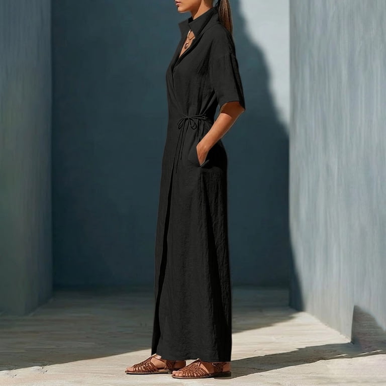 collared plus size winter dress YuXingFu Womens Maxi Dresses Maxi Plus Size Womens Short Sleeve Button Long Casual Summer Wine XXL Black Tiered Maxi Dress smartDRI comfortable three Luxury Satin Colors:Champagne Beige