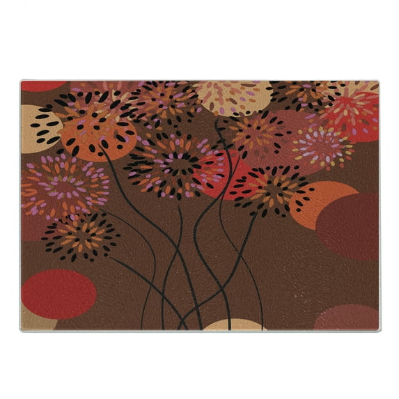 Dandelion Cutting Board, Floral Patterned Illustration with Wavy Pedicles and Big Dots in Autumn Colors, Decorative Tempered Glass Cutting and Serving Board, Small Size, Multicolor, by Ambesonne