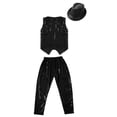 thumbnail image 4 of Doomiva Kids Boys Girls Sequin Performance Costume Vest Waistcoat Jazz Hip Hop Modern Dance Jacket with Pants Hat Black 7-8, 4 of 5
