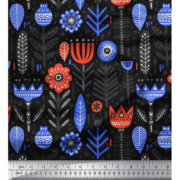 Soimoi Black Cotton Voile Fabric Leaves & Floral Folk Art Print Fabric by the Yard 42 Inch Wide