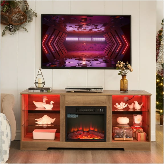 JERFIT 58 inch Oak TV Stand with Electric Fireplace, Bluetooth & Remote Controlled LED Fireplace TV Cabinet with Glass Doors, Storage Shelves & USB Outlets for TVs Up to 65"