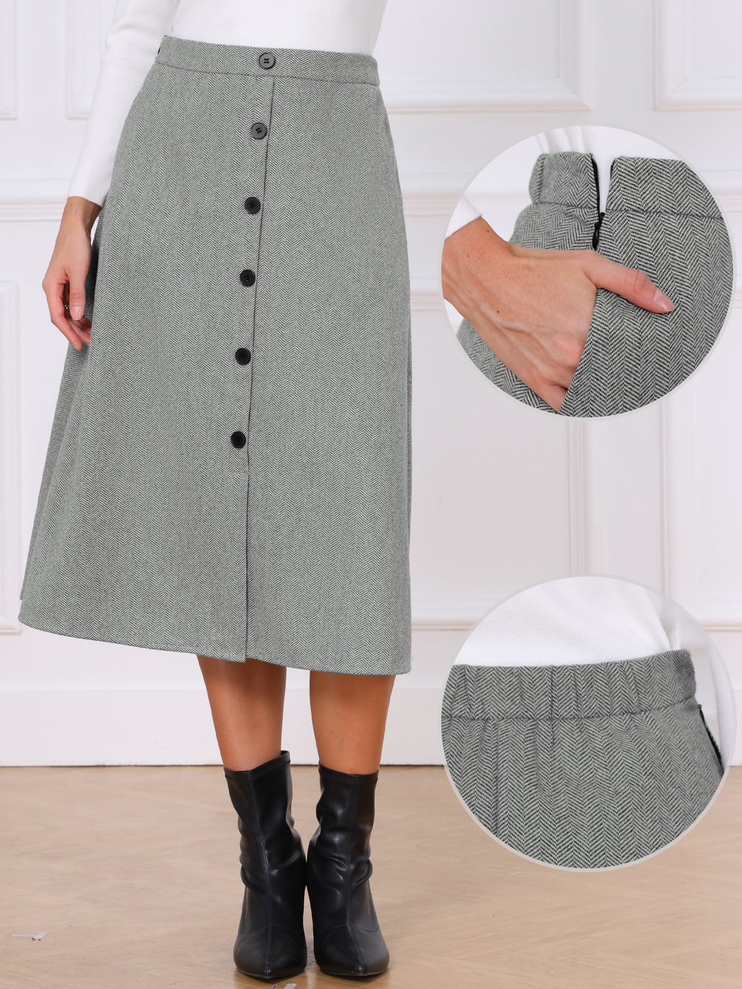 DARING DIVA Women's Work Midi High Waist Button Down Vintage Skirt L Grey