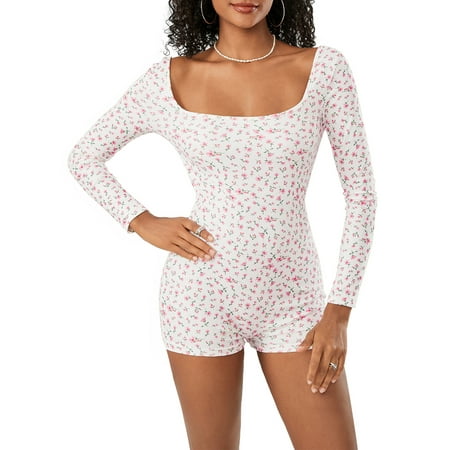 Michellecmm Women Shorts Jumpsuit Floral Print Casual Square Neck Long Sleeve T-shirt Bodysuit Playsuit Clubwear