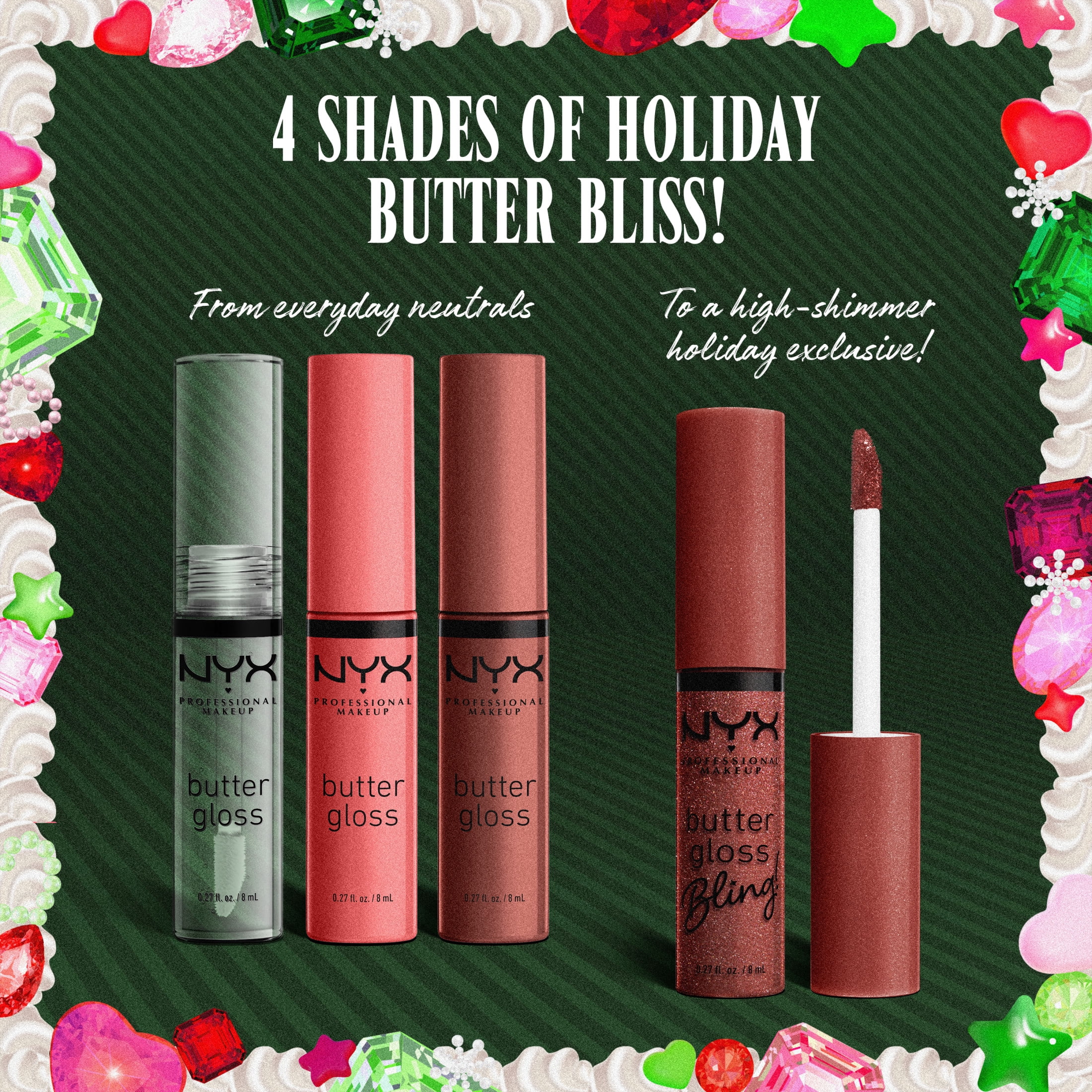 NYX Professional Makeup Holiday 2026 - Lip Makeup Butter Gloss Kit Holiday Limited Edition Set, Sugar Glass, Praline, and Creme Brulee, Bronze Rose Gem., 1 kit