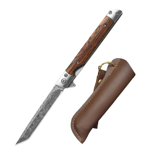 WLOELOEW Outdoor Camping Knife With Leather Sheath Stainless Steel Blade Wood Handle Damascus Pattern Pointed Tip A