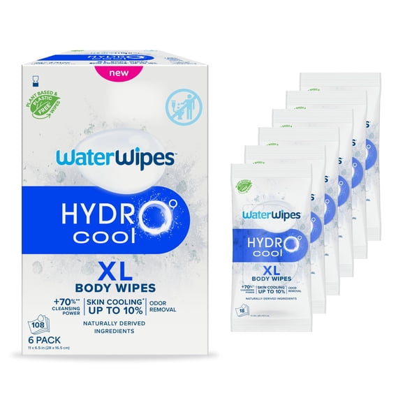 WaterWipes HydroCool Cooling Wipes, XL Body Cleaning Wipe, Stay Fresh & Cool On-the-Go Instant Skin Cooling, Odor & Sweat Removal, Ideal for Gym, Travel & Outdoor Use, 108 Coun