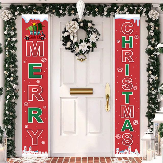 Feliz Navidad fiesta decoración porche signo puerta delantera colgante pancartas banderas, decoración de pared para casa patio granja, juego de 2 JAMW Sencillez