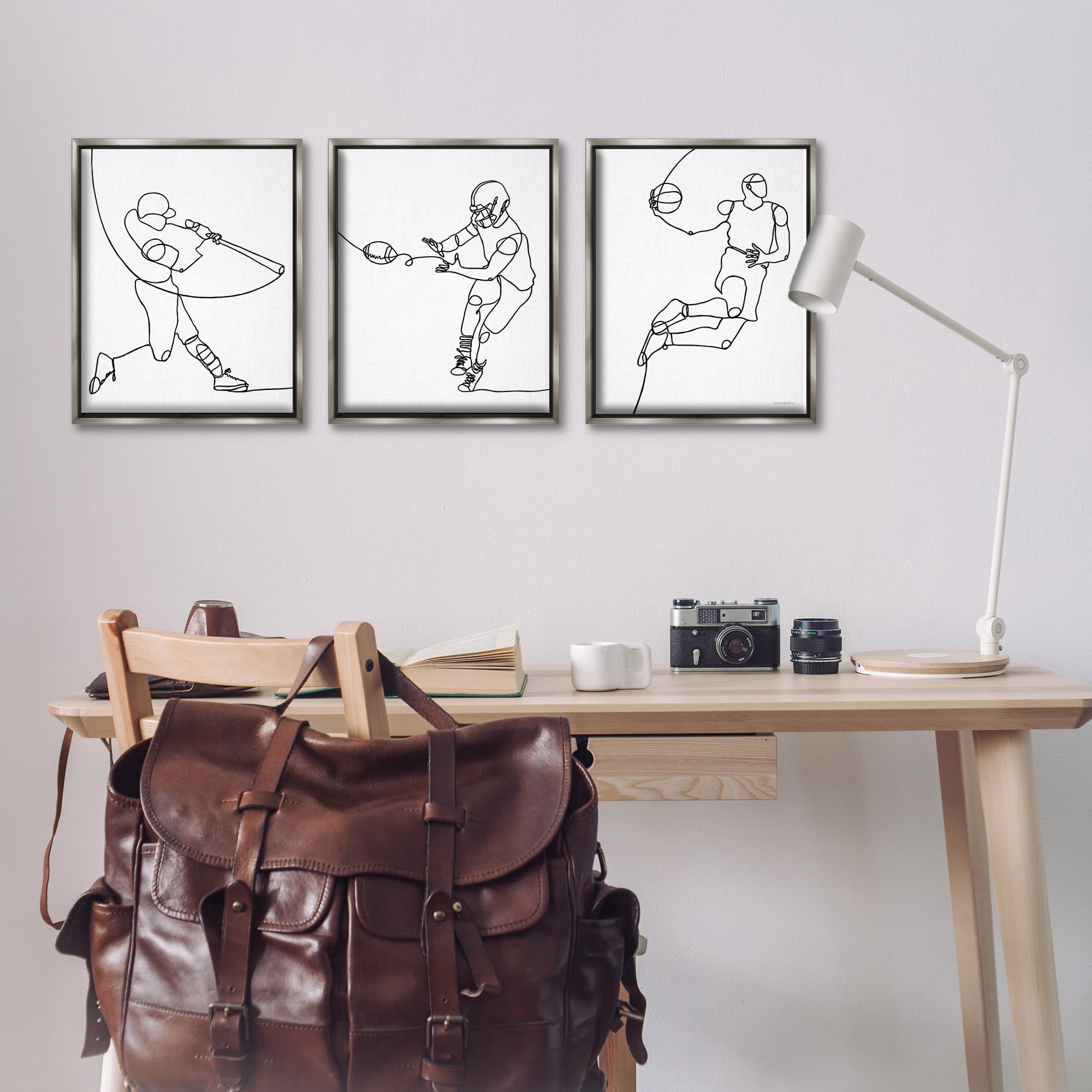 Stupell Industries Simple Line Doodle Playing Sports Sports Painting Gray Floater Framed Canvas Art Print Wall Art, 17 x 21, Set of 3